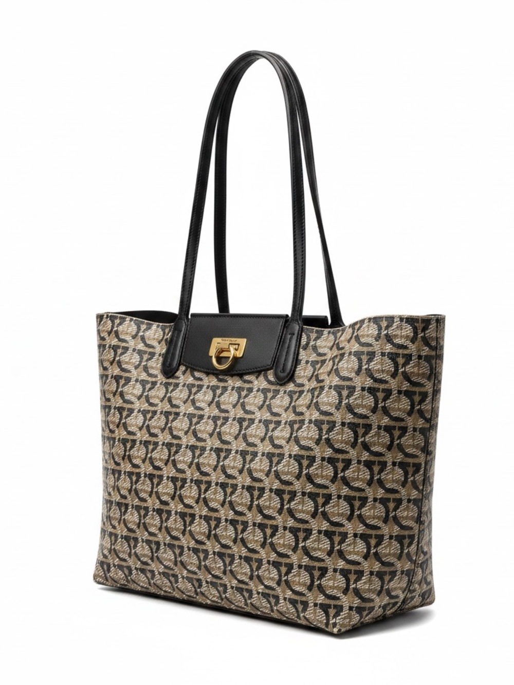 Salvatore Ferragamo Brown/Black Gancini Jacquard Tote with Gold Hardware